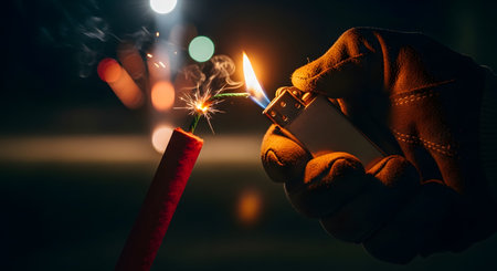 A gloved hand uses a metal lighter to ignite the fuse of a red firecracker at night, creating sparks and a bright flame. The image represents celebration, danger, excitement, and festivities like New Year's Eve.の素材