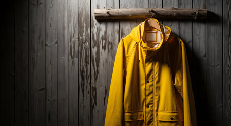 A bright yellow raincoat hangs from a wooden hanger on a rustic peg against a dark, damp wooden plank wall. The moody lighting and wet patch on the wall suggest a rainy day and evoke a sense of coastal or outdoor life.の素材