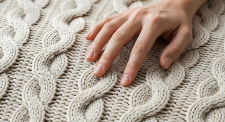 A close-up of a person's hand gently resting on a soft, cream-colored cable-knit sweater. The image highlights the cozy, warm texture of the wool fabric and the sense of comfort.の素材