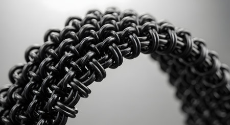 A macro close-up of a complex, black, chainmail weave. The interlocking metal rings form an intricate, textured pattern, photographed in black and white against a grey gradient background.の素材