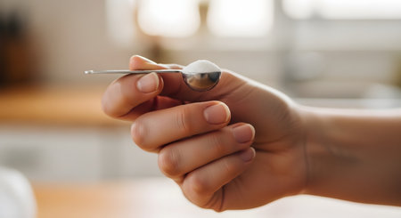 A close-up of a woman's hand holding a metal measuring spoon filled with white powder, such as collagen, protein, or a dietary supplement. The background is a softly blurred kitchen, suggesting a focus on health, nutrition, and wellness.の素材