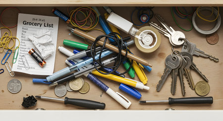 A top-down view of a messy, cluttered wooden drawer. The 'junk drawer' is filled with various items, including pens, keys, coins, rubber bands, batteries, screwdrivers, tape, and a crumpled grocery list.の素材