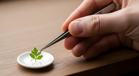 A close-up of a person's hand using metal tweezers to precisely place a single, tiny green leaf, like parsley, onto a miniature white saucer. The scene takes place on a wooden table, suggesting meticulous preparation, miniature food, or a delicate concept.の素材