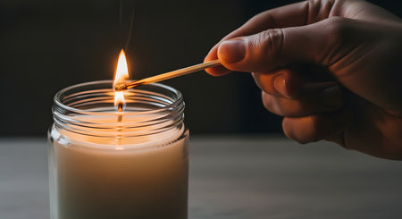 A close-up of a hand holding a lit wooden match to the wick of a white candle inside a glass jar, lighting it. The background is dark, creating a warm, cozy, and tranquil atmosphere.の素材