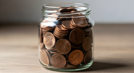 A clear glass jar filled with copper US pennies (one-cent coins) sits on a wooden table. The jar is full, symbolizing savings, collecting, or the value of small change.の素材