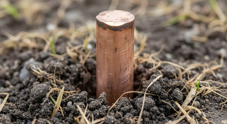 A close-up of a thick copper grounding rod driven into dark, moist soil. This earthing electrode is used for electrical safety to dissipate electrical currents into the ground. The image represents electricity, safety, grounding, connection, and construction.の素材