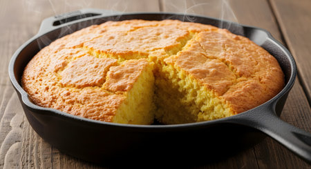 Freshly baked, steaming hot cornbread is shown in a black cast iron skillet, with one slice cut out. The golden-brown crust and fluffy yellow texture are highlighted, representing traditional Southern comfort food.の素材