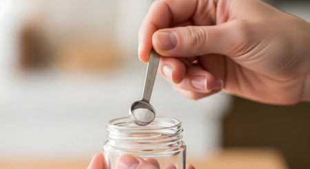 A person's hands hold a small glass jar while using a tiny metal measuring spoon to scoop a precise amount of white powder. The image represents precision, cooking, baking, supplements, or scientific measurement.の素材