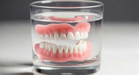 A complete set of upper and lower dentures is shown soaking in a clear glass of water. This image represents dental health, prosthetic dentistry, hygiene for false teeth, and concepts related to aging and oral care.の素材