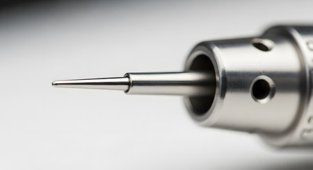 An extreme macro close-up of the metal tip of a tattoo machine needle. The sharp, sterile point is in sharp focus against a blurred, neutral background, highlighting the precision of the tool.の素材