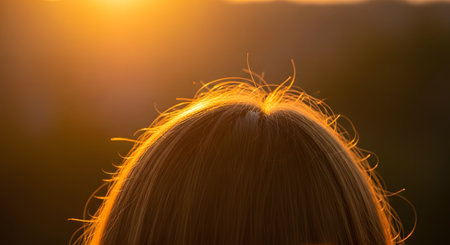 A close-up from behind of the top of a person's head with blonde or light brown hair, backlit by a bright, golden sunset. The sun creates a warm halo effect, and stray hairs are illuminated. The background is a soft, blurred landscape.の素材
