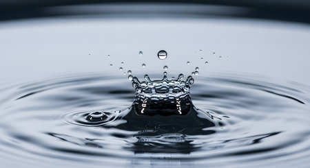 A perfect, clear water droplet falls into still water, creating a beautiful crown-shaped splash and concentric ripples. This high-speed photograph captures a serene and pure moment in nature, often used to symbolize clarity, impact, and purity.の素材