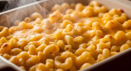 A close-up of a baking dish filled with steaming hot, baked macaroni and cheese. The elbow macaroni pasta is covered in a creamy, golden-brown melted cheese sauce, fresh from the oven.の素材