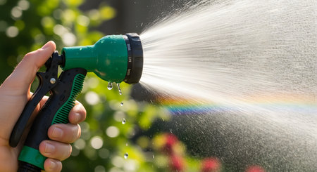 A hand holds a green garden hose nozzle, spraying a fine mist of water that catches the sunlight to create a small, vibrant rainbow. The image, set against a lush green background, evokes summer, gardening, and simple joys.の素材