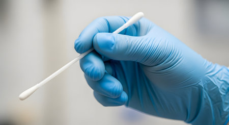A close-up of a hand wearing a blue nitrile medical glove, holding a sterile cotton swab. The background is a clean, slightly out-of-focus clinical environment. The image is associated with medical examinations, sample collection, DNA testing, hygiene, and scientific procedures.の素材