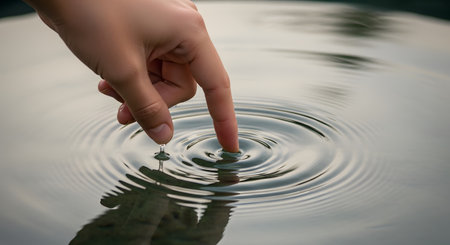 A close-up of a finger gently touching the surface of calm, still water, creating a pattern of expanding concentric ripples. The image symbolizes impact, cause and effect, connection, and tranquility.の素材