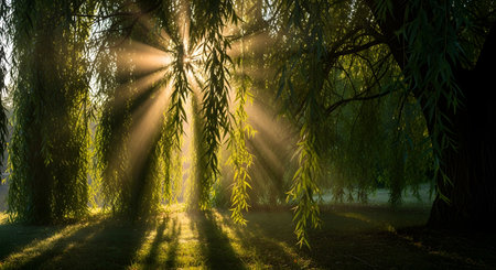 Beautiful golden sunbeams stream through the delicate, hanging leaves of a weeping willow tree at sunrise or sunset. The dramatic rays of light create a magical, serene, and peaceful atmosphere in the lush green setting.の素材