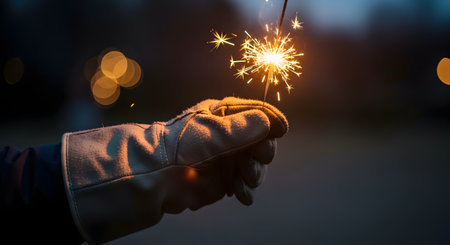 A person's hand, protected by a thick work glove, holds a burning sparkler that emits bright, glowing sparks. The scene is set at dusk or night, with soft bokeh lights in the background. This image captures the joy and magic of celebration, such as New Year's Eve, the Fourth of July, or a party.の素材
