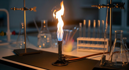A Bunsen burner is lit with a tall, active flame, sitting on a bench in a dimly lit science laboratory. Various pieces of glassware, such as beakers and test tubes, are visible in the background, creating an atmosphere of scientific experimentation and research. The flame is the central focus.の素材