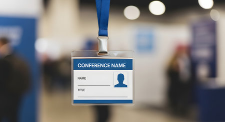 A blank conference name badge hangs from a blue lanyard in front of a blurred out convention center or trade show background. This image is a template or mockup for corporate events, representing networking, identification, and professional gatherings.の素材