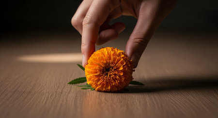 A person's hand gently places a vibrant orange marigold flower on a wooden surface, illuminated by a soft spotlight. This simple, elegant action can represent an offering, remembrance (especially for Dia de los Muertos), or a moment of quiet beauty.の素材