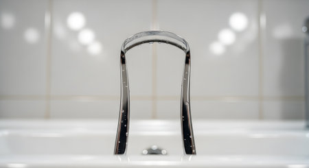 A close-up of a modern, minimalist waterfall bathtub faucet made of polished chrome. Small water droplets cling to the spout. The background is a clean, white tiled bathroom, softly out of focus.の素材