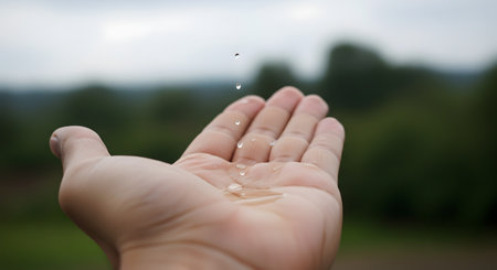 A person's open palm is held up to catch falling raindrops against a soft-focus, natural green background. The image evokes a sense of connection with nature, simplicity, and the feeling of rain.の素材