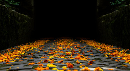 A low-angle view of a dark cobblestone path or alleyway, abundantly scattered with vibrant orange and yellow flower petals, likely marigolds. The path, lined with stone walls, leads into a deep, dark, and mysterious void.の素材