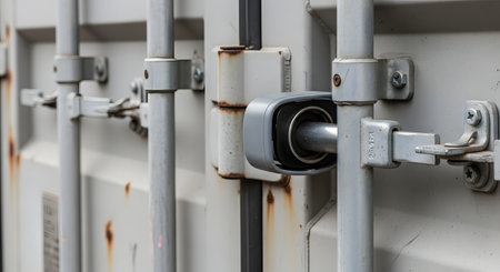 A close-up view of a robust, heavy-duty padlock securing the metal latching mechanism of a grey shipping container. The container shows some signs of rust, symbolizing security, logistics, cargo, and freight transportation.の素材