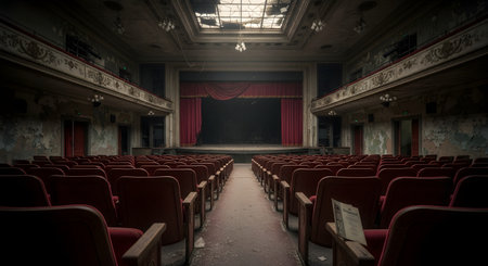 The interior of an abandoned, decaying theater or opera house. Rows of empty red seats face a dark stage with a red curtain, while the ornate walls peel and the ceiling shows damage.の素材