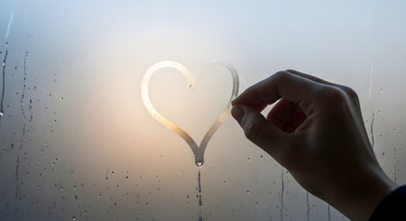 A person's hand draws a heart shape on a window covered in condensation, with water droplets trickling down. The simple, tender gesture evokes feelings of love, romance, longing, and quiet emotion.の素材