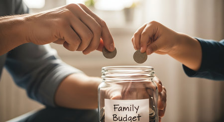 The hands of a father and a child are shown putting coins into a glass jar labeled 'Family Budget'. This heartwarming image illustrates concepts of saving money, financial planning, and teaching children about financial responsibility.の素材