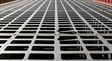 A strong, industrial metal grate floor with a repeating rectangular pattern stretches into the distance. The image serves as a powerful background or texture, symbolizing strength, industry, and urban environments.の素材