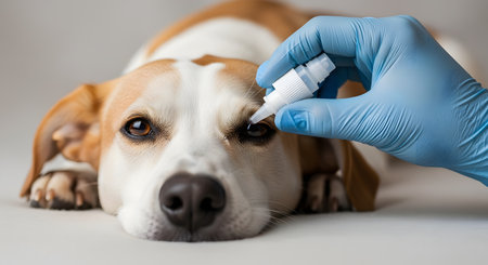 A veterinarian's hand in a blue glove carefully administers eye drops to a calm beagle dog lying down. This represents pet healthcare, medical treatment for animals, and veterinary care for eye infections or conditions.の素材