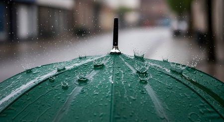 A close-up shot of raindrops hitting and splashing on the surface of a green umbrella. The water forms small 'crown' splashes on the waterproof fabric, with a blurred city street in the background.の素材
