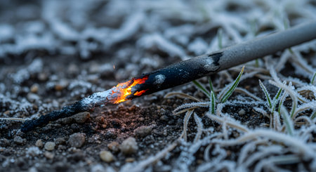 A macro close-up of a burnt-out sparkler stick lying on the ground. A single orange ember still glows at the charred tip. The surrounding dirt and grass are covered in white frost, creating a cold, post-celebration scene.の素材