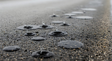 A macro, low-angle shot of raindrops falling on a dark, textured asphalt surface. Small puddles have formed, and the impact of the drops creates splashes and ripples. The image captures the motion and texture of rain.の素材