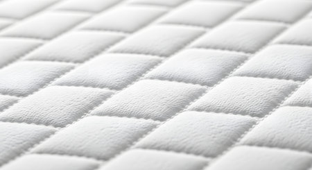 A macro, angled close-up of a white mattress surface, showing a quilted square pattern. The fabric is textured and stitched, highlighting comfort, bedding, and orthopedic support.の素材
