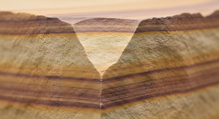 A detailed macro shot of a piece of sandstone, revealing its distinct layers of different colors and textures. A precise V-shaped cut on the corner highlights the sedimentary rock's geological formation and history.の素材