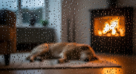 A cozy and peaceful scene viewed through a window covered in raindrops. Inside, a dog is sleeping comfortably on the floor in front of a warm, roaring fireplace, embodying the concept of hygge, comfort, and safety.の素材