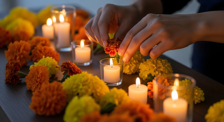 A person's hands are carefully arranging orange and yellow marigold flowers among several lit tea light candles on a wooden surface. This warm and spiritual scene represents preparations for a festival like Diwali, a prayer, a memorial, or a spiritual offering.の素材