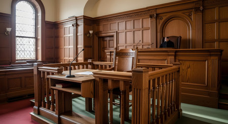 A wide shot of a traditional, stately courtroom with ornate wood-paneled walls and furniture. A judge in a black robe is visible sitting at the elevated bench, creating a formal and authoritative atmosphere of law and justice.の素材