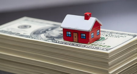 A small red and white toy house sits on top of a large stack of one-hundred US dollar bills. This image is a concept for real estate, mortgage, housing costs, investment, and property value.の素材
