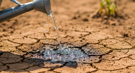 A metal watering can is pouring water onto dry, cracked earth, symbolizing hope, relief, and the solution to a problem. This image represents concepts like drought, climate change, scarcity, and the importance of aid or intervention.の素材