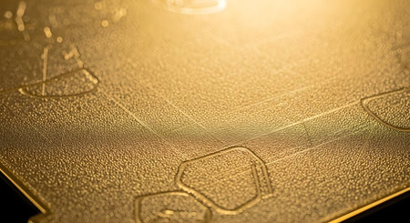 A close-up macro photograph of a textured, golden PEI build plate for a 3D printer. The plate is empty but shows the faint outlines and residue from a previously printed object, highlighting the surface texture.の素材
