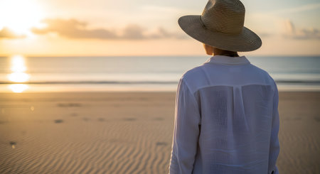 A person, seen from behind, wearing a white linen shirt and a wide-brimmed straw hat, stands on a sandy beach watching the sunset. The sun is setting over the ocean, casting a golden glow on the water and sand. The image evokes peace, travel, and solitude.の素材