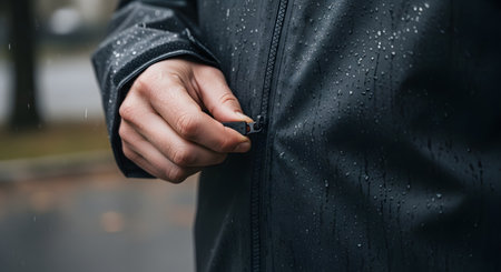 A close-up of a person's hand zipping up a black, waterproof rain jacket. The jacket is covered in small raindrops, and the background is a blurred, wet outdoor scene.の素材