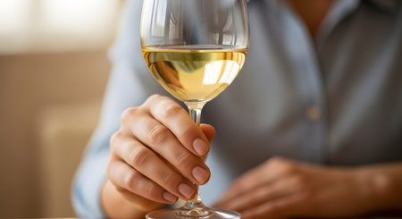 A woman's hand with a neat manicure elegantly holds the stem of a glass of white wine. The soft, warm lighting suggests a relaxing atmosphere in a restaurant or at home, symbolizing celebration, relaxation, or social dining.の素材