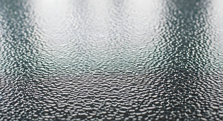 A close-up macro photograph of a textured glass surface, often used for privacy. The pebbled, bumpy, or frosted pattern diffuses light and obscures the view, creating an abstract background.の素材