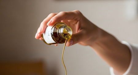 A close-up of a woman's hand pouring a steady stream of golden-yellow oil from a small glass bottle. The oil could be cosmetic, such as argan or jojoba oil for skincare, or a culinary oil.の素材
